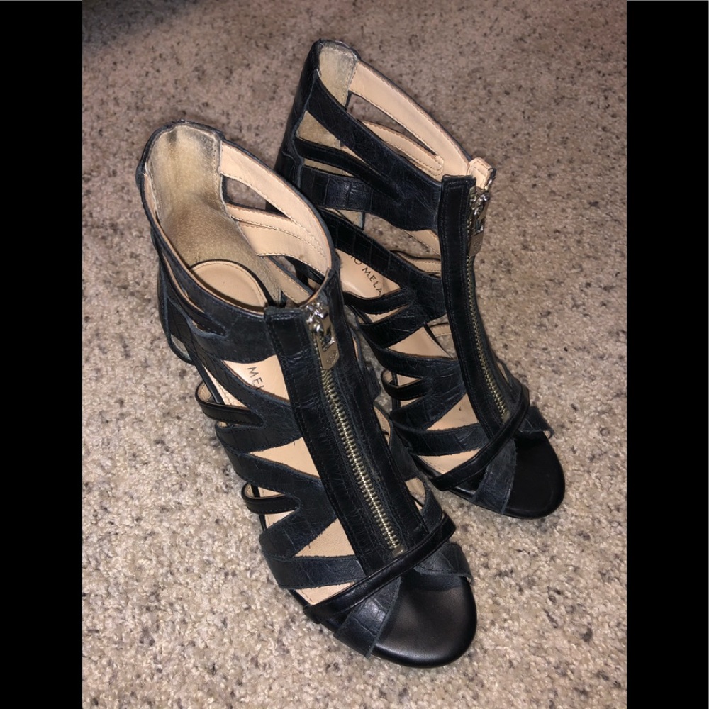 Antonio Melani Black Leather Cage Heels